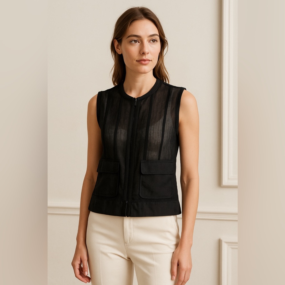 Black Sheer Utility Vest Layering Piece Linen Zip-Up Sleeveless Top Size Small - Picture 1 of 12